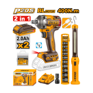 Kit Chave De Impacto  Sextavado 1/2 400n + 2 Baterias 20v +Carregador +Acessórios E Lanterna Cosli23048-9 Ingco
