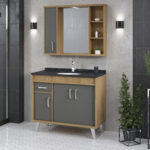 Kit Armário De Banheiro Piacenza Mel/Chumbo Bertazoli 100cm Tampo De Granito