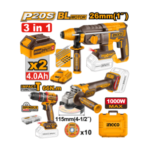 COMBO PARAFUSADEIRA 66N.m MARTELETE 2.5J ESMERILHADEIRA 4.1/2" 1000W C/2 BAT 4.0aH INGCO COSLI241198-9