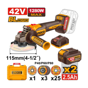 ESMERILHADEIRA ANGULAR BRUSHLESS INDUSTRIAL 4.1/2" 1280W À BATERIA 42V INGCO C/2 BAT 2.5A.h INGCO CAGLI4128112-9