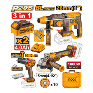 COMBO PARAFUSADEIRA 66N.m MARTELETE 2.5J ESMERILHADEIRA 4.1/2" 1000W C/2 BAT 4.0aH INGCO COSLI241198-9