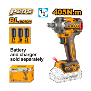 CHAVE DE IMPACTO ENCAIXE QUADRADO 1/2” 405N.m À BATERIA ÍON-LÍTIO 20V - INGCO (NÃO ACOMPANHA BATERIA CIWLI20451