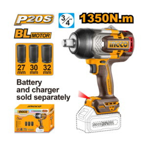 CHAVE DE IMPACTO ENCAIXE QUADRADO 3/4” 1350N.m À BATERIA ÍON-LÍTIO 20V INGCO (NÃO ACOMPANHA BATERIA) CIWLI201351