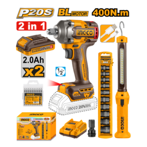 COMBO CHAVE DE IMPACTO ENCAIXE SEXTAVADO 1/2” 400N.m À BATERIA ÍON-LÍTIO 20V + LAMPADA DE TRABALHO LED 3,6B 300LMS + JOGO SOQUETE DE IMPACTO C/10PC IN COSLI23048-9