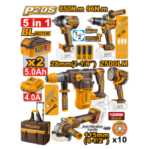 COMBO PARAFUSADEIRA 96N.m+CHAVE IMPACTO 850N.m+ESMERILHADEIRA 4.1/2" 1200W+MARTELETE 4.5J+LANTERNA REFLETORA 2500LM+BOLSA C/2 BAT 5.0Ah INGCO COSLI251193-9