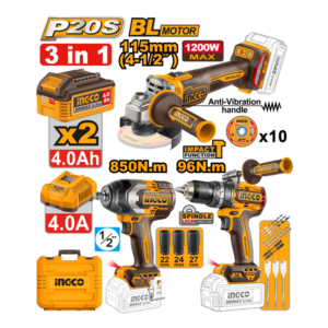 COMBO PARAFUSADEIRA 96N.M+CHAVE IMPACTO 850N.M+ESMERILHADEIRA 4.1/2"+CHAVE IMPACTO 850N.M+ESMERILHADEIRA 4.1/2" 1200W COM 2 BATERIAS 4.0AH - INGCO - COSLI251292-9