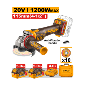 ESMERILHADEIRA ANGULAR BRUSHLESS INDUSTRIAL 4.1/2" 1200W À BATERIA 20V C/2 BAT 5.0A.H INGCO CAGLI2120252-9