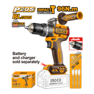 PARAFUSADEIRA E FURADEIRA COM IMPACTO 1/2” 96.m ÍON-LÍTIO 20V + CONJ BROCAS CHATAS INGCO (NAO ACOMPANHA BATERIA) CIDLI209685