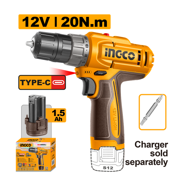 PARAFUSADEIRA E FURADEIRA COM IMPACTO 3/8” 20Nm À BATERIA ÍON-LÍTIO 12V C/ 2 BATERIAS 1‚5AH INGCO CDLI12206
